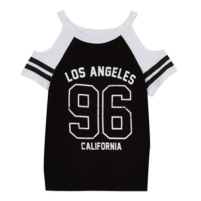 Girls' black 'Los Angeles' print cold shoulder top
